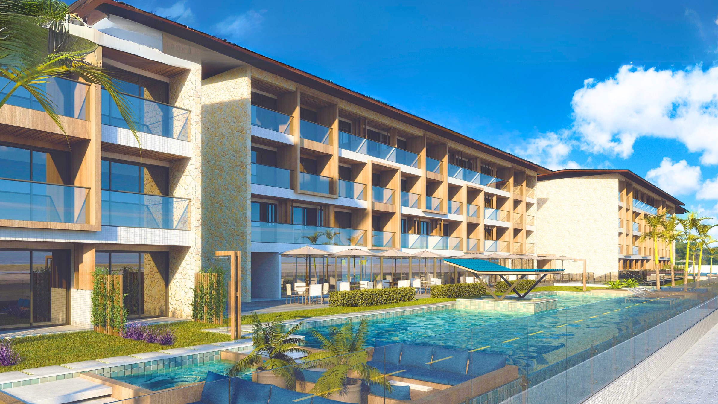 Fachada do Marinas Ocean Resort com piscina à beira-mar