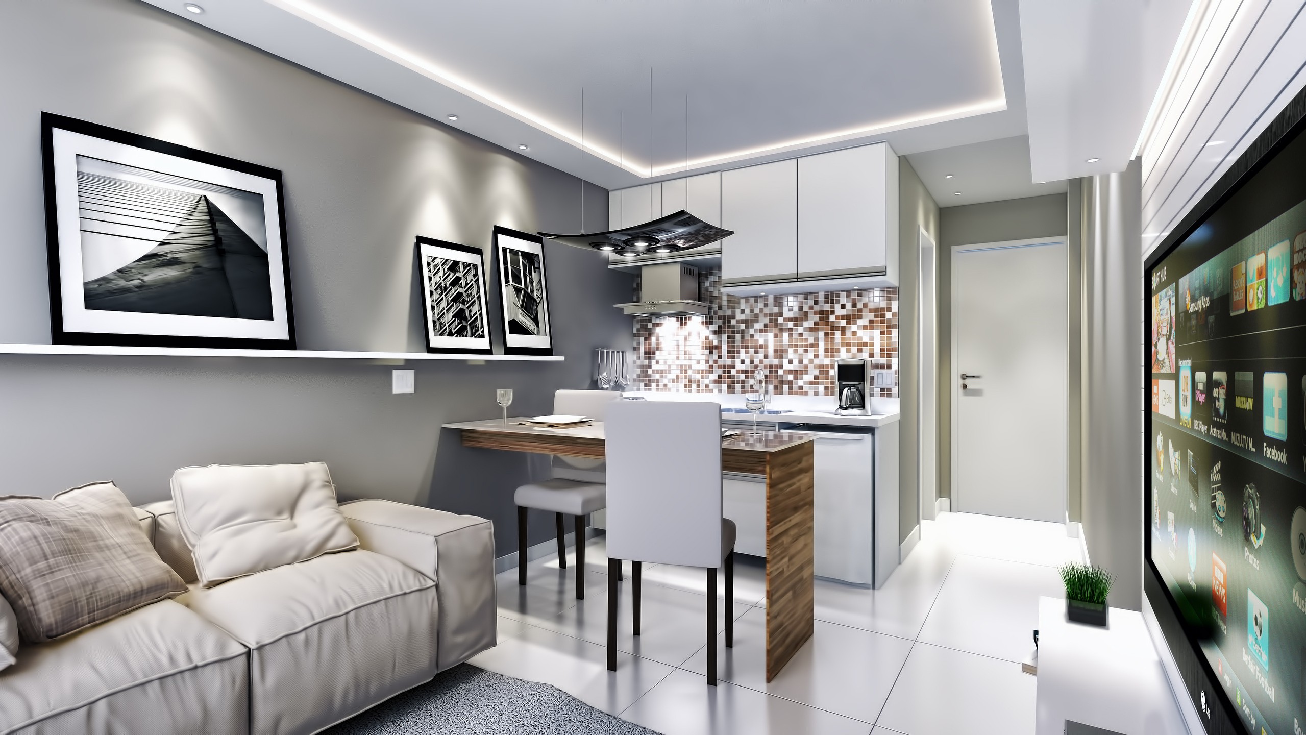 Living e cozinha gourmet do apartamento
